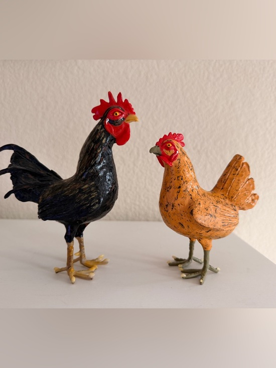 Hand Crafted Other - Hand Crafted Black Rooster and Orange Hen Figurine Pair Made in Brazil.